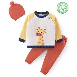 Babyhug Knit Full Sleeves Sweater Set with Giraffe Design - Yellow & Rust