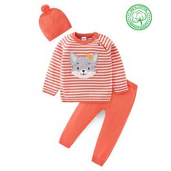 Babyhug Knitted Full Sleeves Striped Sweater Set with Cap & Fox Patch - Peach
