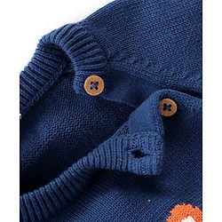 Babyhug Knitted Full Raglan Sleeves Pullover Sweater Set with Cap Striped & Fox Design - Navy Blue & Orange