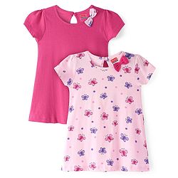 Babyhug Single Jersey Cap Sleeves Knee Length Frocks with Bow Butterfly Print Pack of 2- Pink