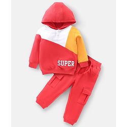 Babyhug Cotton Knit Full Sleeves Hooded T-Shirt & Jogger Pants Set With Color Block Print - Multicolor