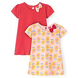 Babyhug Single Jersey Cap Sleeves Knee Length Frocks with Bow Floral Print Pack of 2- Red & Peach
