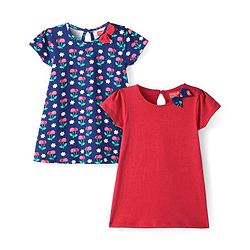 Babyhug Single Jersey Knit Half Sleeves Frocks With Floral Print & Bow Applique Pack Of 2 - Navy & Red
