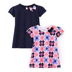 Babyhug Single Jersey Knit Half Sleeves Frocks with Floral Print & Bow Applique Pack of 2 - Navy & Pink