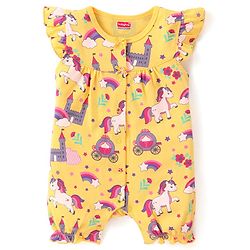 Babyhug 100% Cotton Knit Frill Sleeves Unicorn Printed Front Open Romper - Yellow