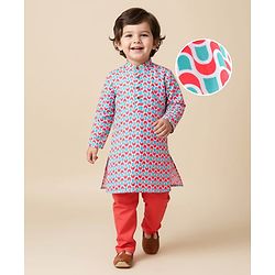 Babyhug Cotton Woven Cambric Printed Full Sleeves Kurta & Pyjama Set - Red