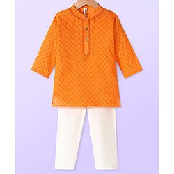 Babyhug Cambric Dobby Full Sleeves Kurta Pyjama Set - Orange