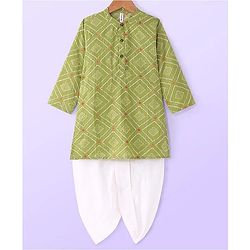 Babyhug Cambric Woven Full Sleeves Printed Kurta Dhoti Set - Green