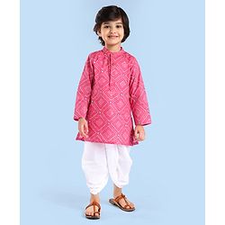 Babyhug Cambric Woven Full Sleeves Bhandhni Printed Dhoti Kurta Set - Pink