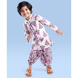Babyhug Cotton Woven Full Sleeves Kurta Dhoti Set Floral Print - Cream