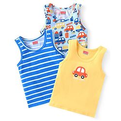 Babyhug 100 % Cotton Knit Sleeveless Sando With Vehicle Print Pack of 3- Multicolor