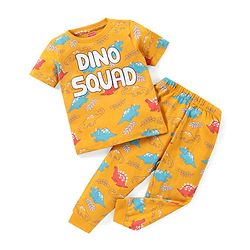 Babyhug Cotton Knit Half Sleeves Dino Print Night Suit - Yellow