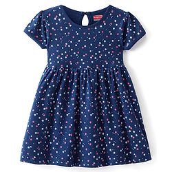 Babyhug Cotton Knit Half Sleeves Frock With Floral Print - Navy Blue
