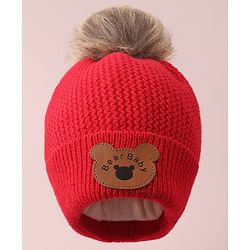 Babyhug Woollen Cap & Scarf with Bear Patch & Pom Pom - Red
