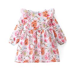 Babyhug Woven Full Sleeves Floral Printed Frock With Bow & Frill Detail - White