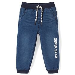Babyhug Full Length Denim Washed Jogger with Stretch Text Print with Pocket Detailing - Blue