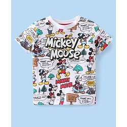 Babyhug Disney Cotton Knit Half Sleeves T-Shirt With Mickey Mouse Print - White