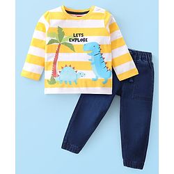 Babyhug Cotton Knit Full Sleeves Striped T-Shirt & Denim Jeans Set With Dino Print - Yellow & Blue