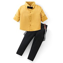 Babyhug Cotton Woven Full Sleeves Party Shirt & Trouser Set with Suspendor & Bow -Mustard & Black