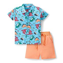 Babyhug Cotton Knit Half Sleeves Dinosaurs Printed Shirt & Shorts Set - Blue & Orange
