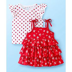Babyhug Single Jersey Knit Frill Sleeves T-Shirt With Layered Frock Floral Print - White & Red