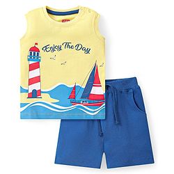Babyhug Single Jersey Knit Sleeveless T-Shirt & Shorts Set with Boat & Lighthouse Print - Yellow & Blue
