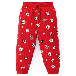 Babyhug Cotton Knit Full Length Lounge Pants With Football Print - Red