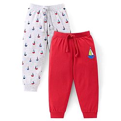 Babyhug Cotton Knit Full Length Lounge Pants Boat Print Pack of 2 - Grey & Red