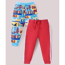 Babyhug Cotton Knit Full Length Printed & Striped Lounge Pants Pack of 2 - Blue & Red