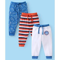 Babyhug Cotton Knit Full Length Striped Lounge Pants with Dino Print Pack of 3 - Multicolour