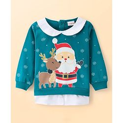 Babyhug Knit Full Sleeves Sweatshirt With Santa Claus Graphics & Peter Pan Collar - Teal