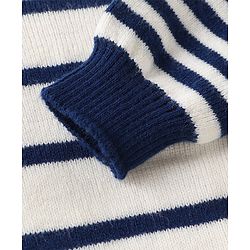Babyhug Knitted Full Sleeves Striped Front Open Sweater Set with Pocket - Navy Blue & White