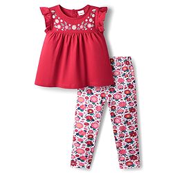 Babyhug Single Jersey Knit Frill Sleeves Top and Leggings Set Floral Embroidery - Red
