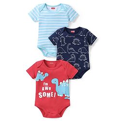 Babyhug 100% Cotton Knit Half Sleeves Onesies with Striped & Dino Print Pack of 3 - Multicolour
