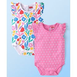 Babyhug 100% Cotton Knit Frill Sleeves Floral & Polka Dots Printed Onesies Pack of 2 - Multicolour
