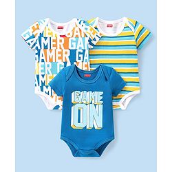 Babyhug 100% Cotton Knit Half Sleeves Onesies with Striped & Text Print Pack of 3 - Multicolour