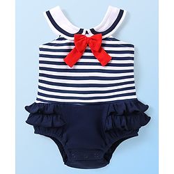 Babyhug 100% Cotton Knit Sleeveless Frock Style Onesie with Striped & Bow Detailing - Navy Blue