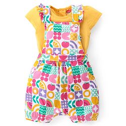 Babyhug Single Jersey Half Sleeves T-Shirt & Dungaree with Frill Detailing Fruits Print - Multicolour