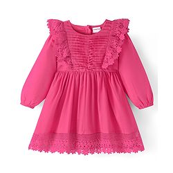 Babyhug Cambric Full Sleeves Knee Length Frock with Floral Lace at Hem - - Dark Pink