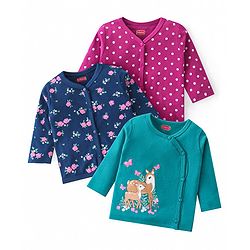 Babyhug 100% Cotton Antibacterial Front Open Vest With Deer & Polka Dots Print Pack of 3 - Pink Blue & Green