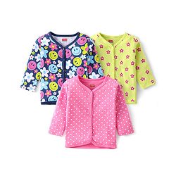 Babyhug 100% Interlock Cotton Knit Full Sleeves Front Open Antibacterial Vests with Polka Dot & Floral Print Pack of 3 - Pink Green & Blue