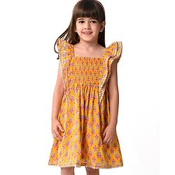 Babyhug Cotton Woven Cap Sleeves Ethinic Dress with Floral Print Ruffle Detailing -Mustard