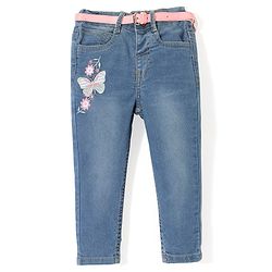 Babyhug Denim Stretchable Jeans With Butterfly Embroidery - Blue