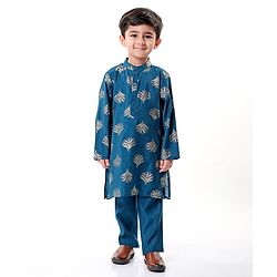 Babyhug Woven Full Sleeves Foil Printed Kurta Pyjama Set - Teal