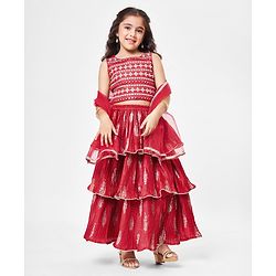 Babyhug Sleeveless Embroidered Choli & Tiered Lehenga Set with Dupatta - Red