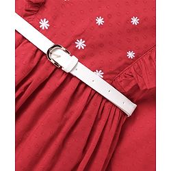 Babyhug Cotton Knit Full Sleeves Frock With Frill Detailing & Floral Embroidery - Red