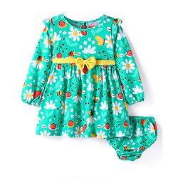 Babyhug Single Jersey Knit Full Sleeves Floral Printed Frock With Bloomer - Sea Green