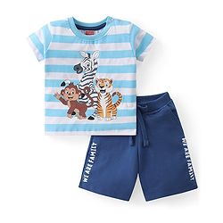 Babyhug Cotton Knit Half Sleeves Striped T-Shirt & Shorts Set With Animals Print - Blue