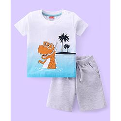 Babyhug Cotton Knit Half Sleeves T-Shirt & Shorts Set With Crocodile Print - White