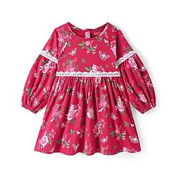 Babyhug Single Jersey Knit Full Raglan Sleeves Frock with Floral Print & Lace Detailing- Dark Red